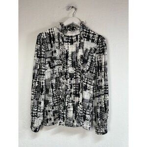 Karl Lagerfeld Paris Women Black White Abstract Ruffle Long Sleeve Blouse Medium
